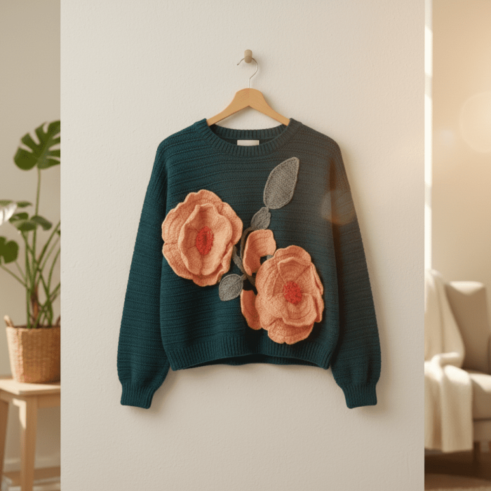 Teal Green Floral Statement Sweater