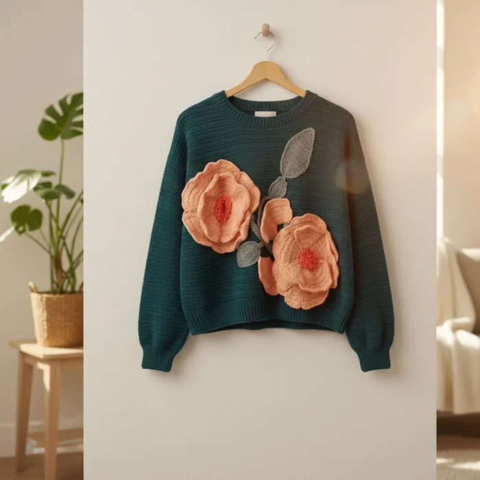 Teal Green Floral Statement Sweater