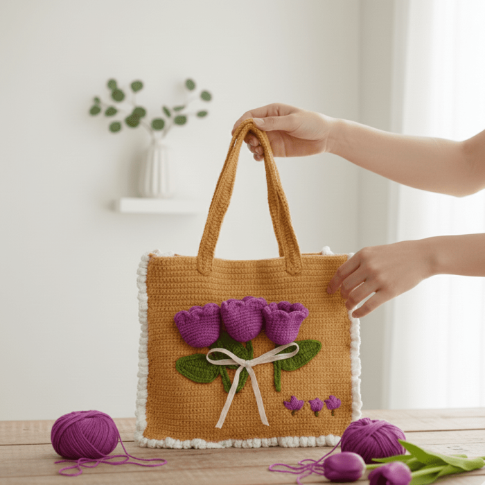 Handmade 3D Tulip Crochet Tote Bag